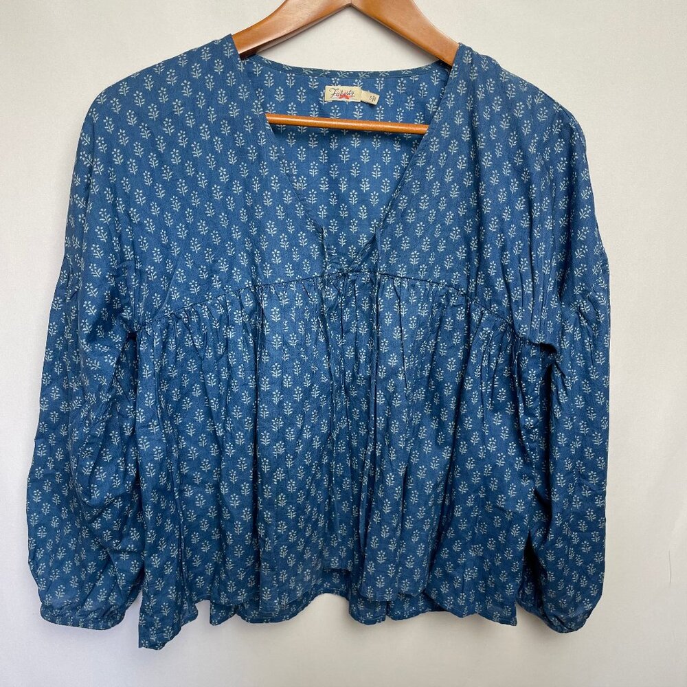 Faherty Womens Lyla Floral Babydoll Blouse Size S Blue Peasant V Neck Boho